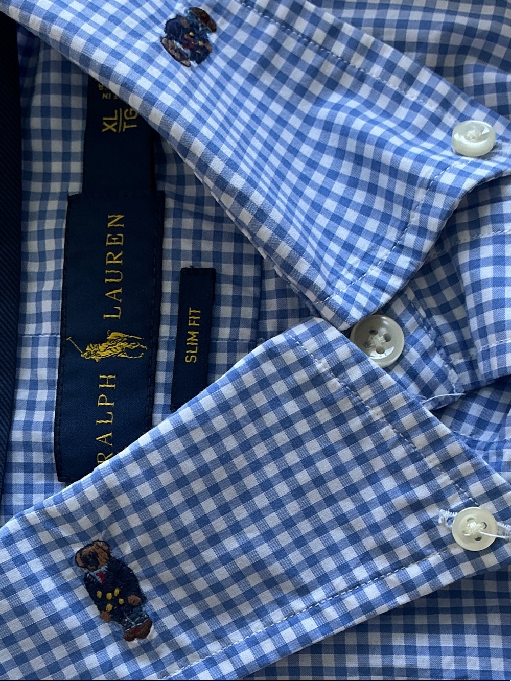 Ralph Lauren Light Blue & White Gingham Dress Shirt with Polo Bear Embroidery